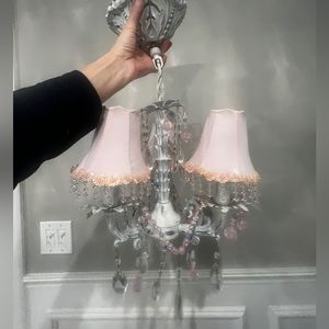 Pink Lamp Shade Girls Room Lighting 3 Light Crystal Kids Room Ceiling Chandelier